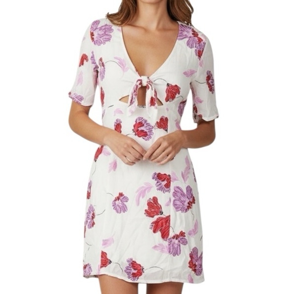 BARDOT White Floral Short Sleeve Tie Front Cut Out Detail Dress Size Medium